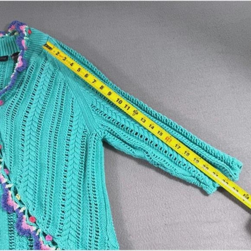 Relativity Teal Crochet Knit Cardigan Open Front Boho Tie Sweater Cottagecore - Picture 8 of 8